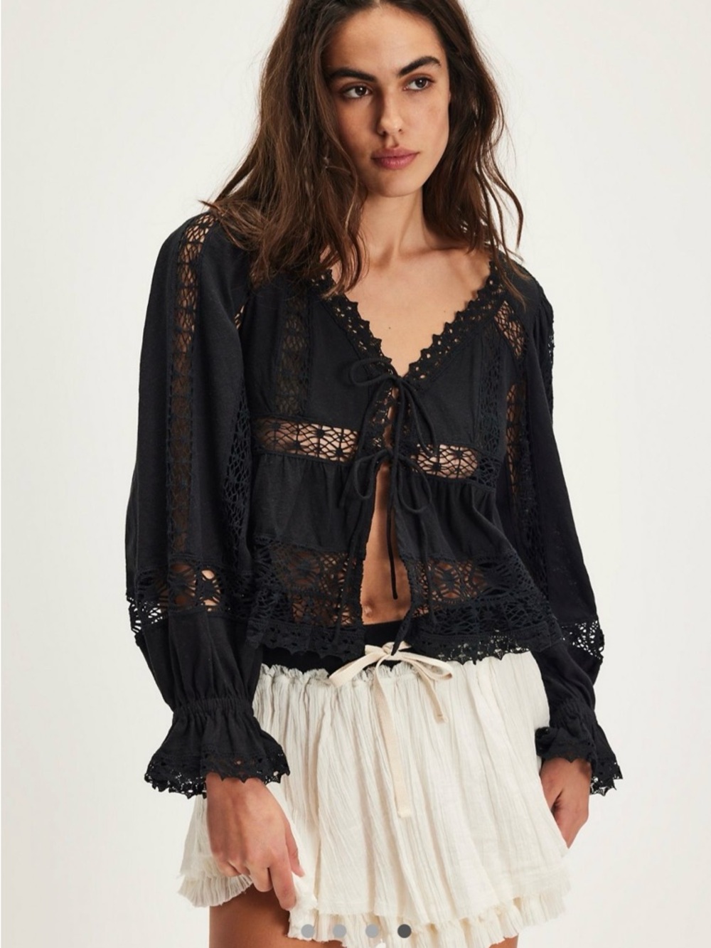 Free People Sweet Dreams Black Crochet Tie-Front Blouse